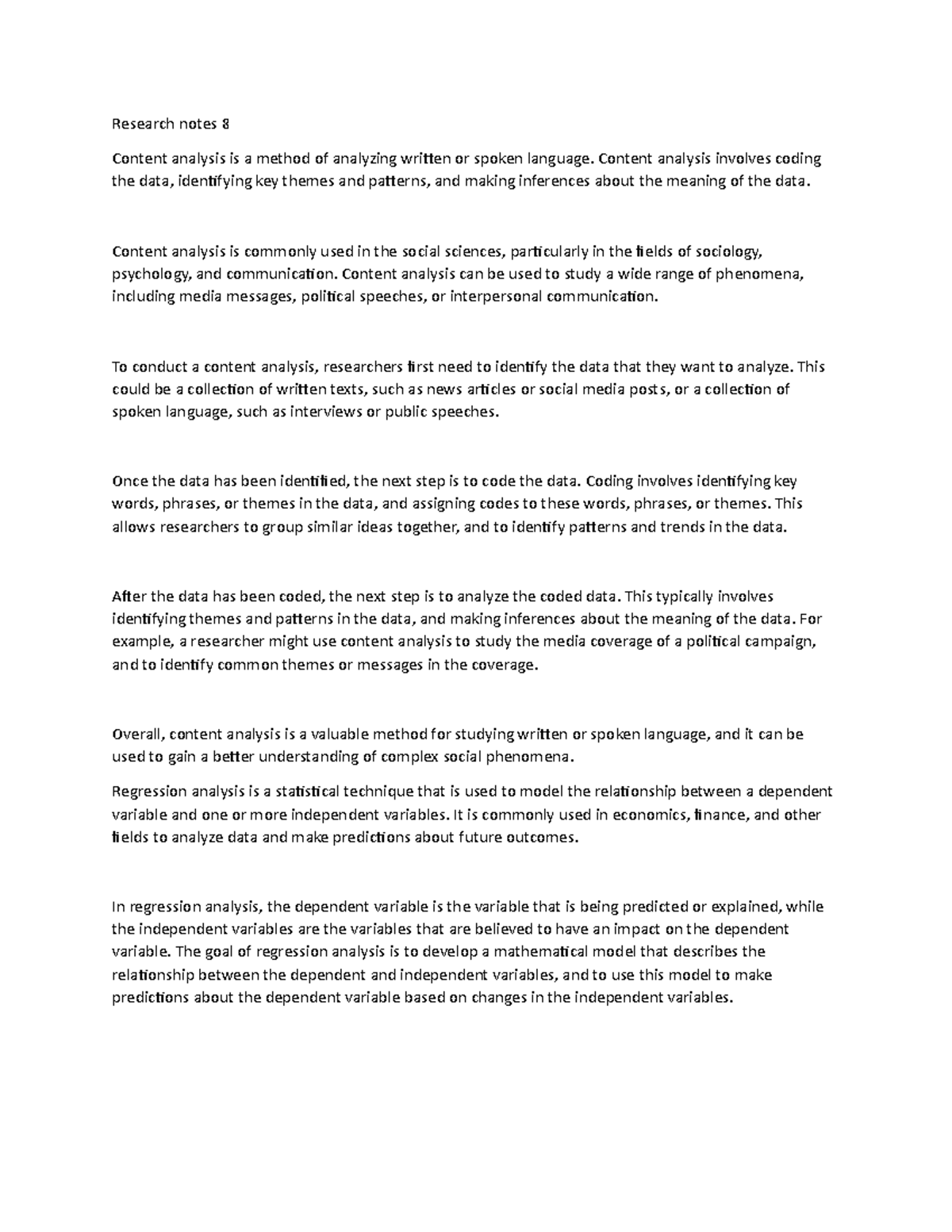 Notes 9 - Research notes 8 Content analysis is a method of analyzing ...