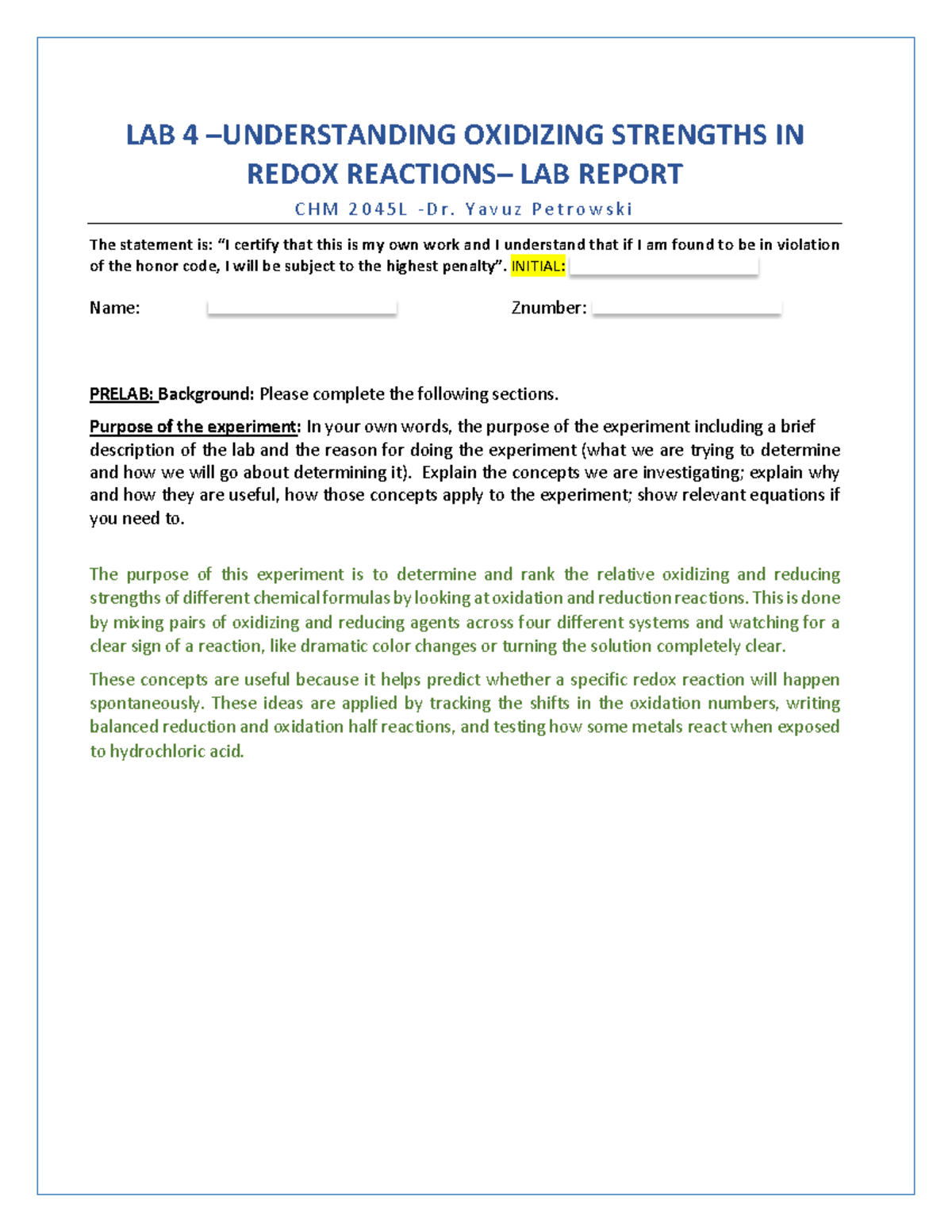Lab 4: Understanding Oxidizing Strengths in Redox Reactions - CHM 2045L ...