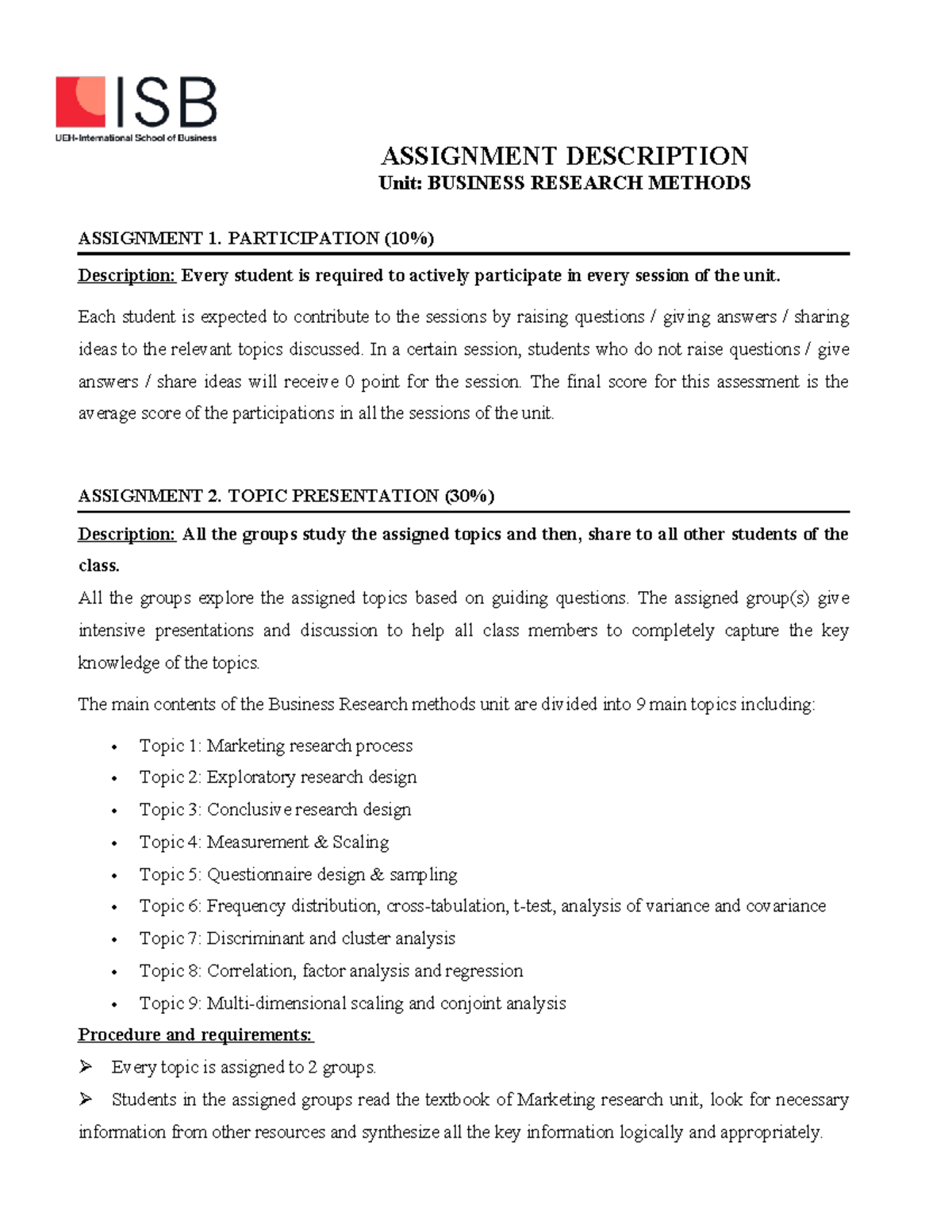 BUSINESS RESEARCH METHODS ASSIGNMENT DESCRIPTIONS (BBus) - Studocu