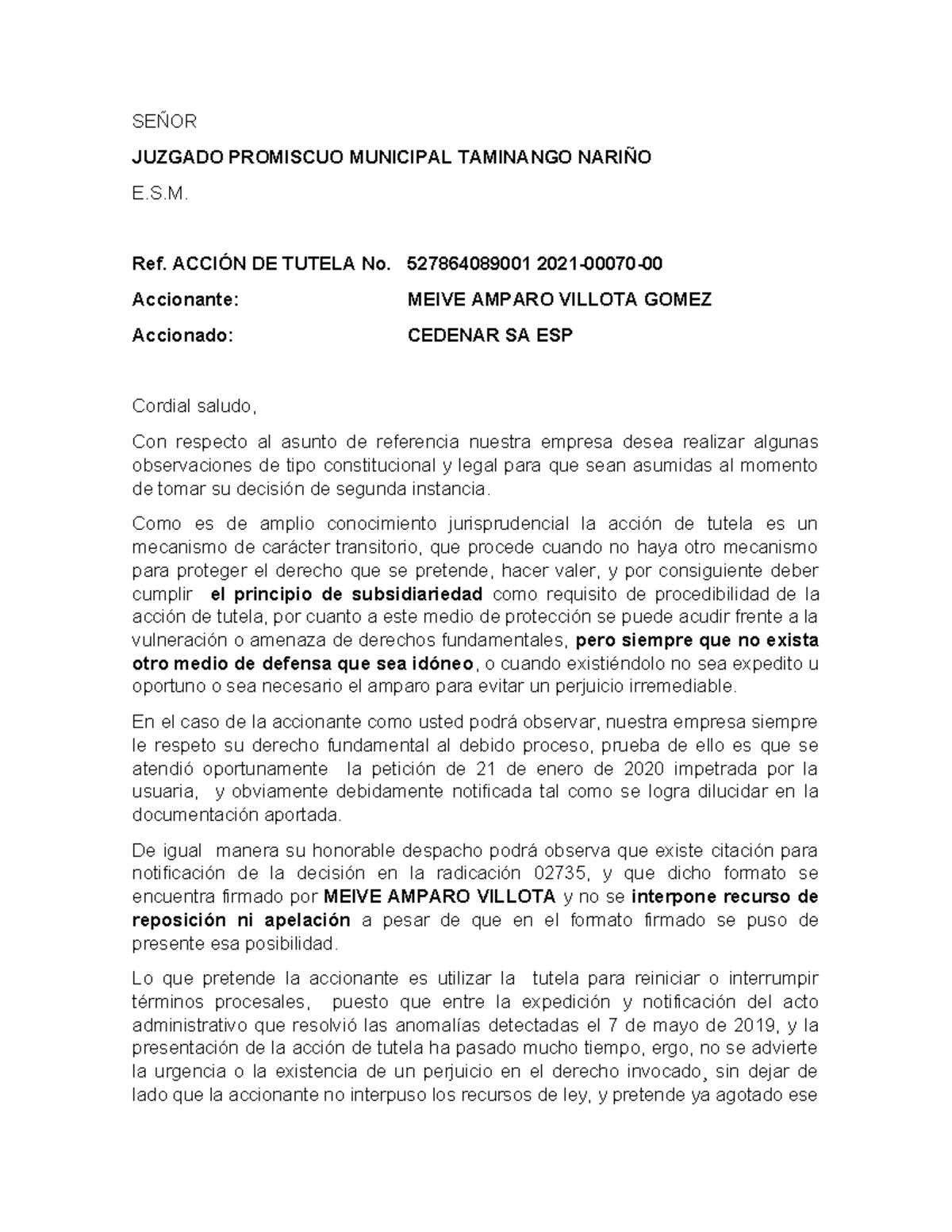 Contestación a Impugnación de Tutela - ACCIÓN No. 527864089001 - Studocu
