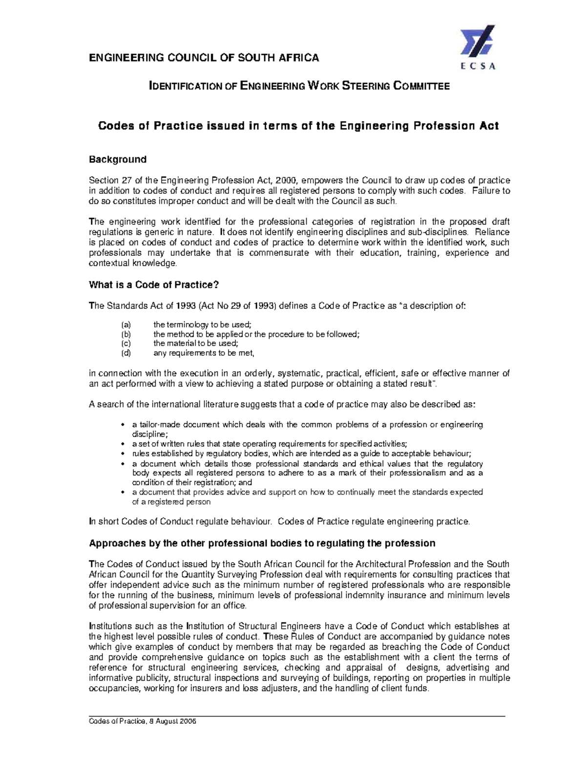 Codes of Engineering Practice: ECSA Guidelines and Standards - Studocu
