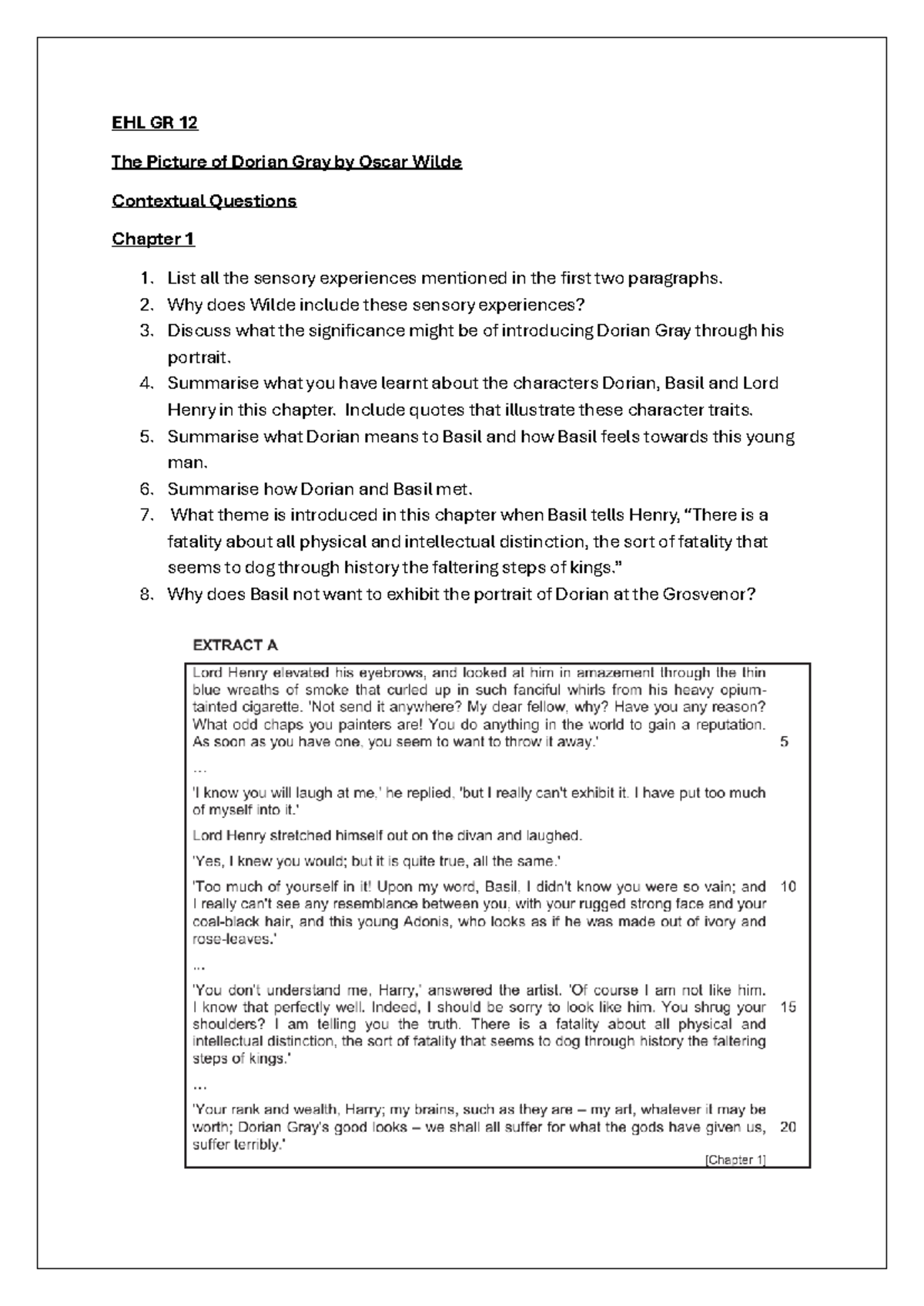 EHL GR 12: Contextual Questions on The Picture of Dorian Gray - Studocu