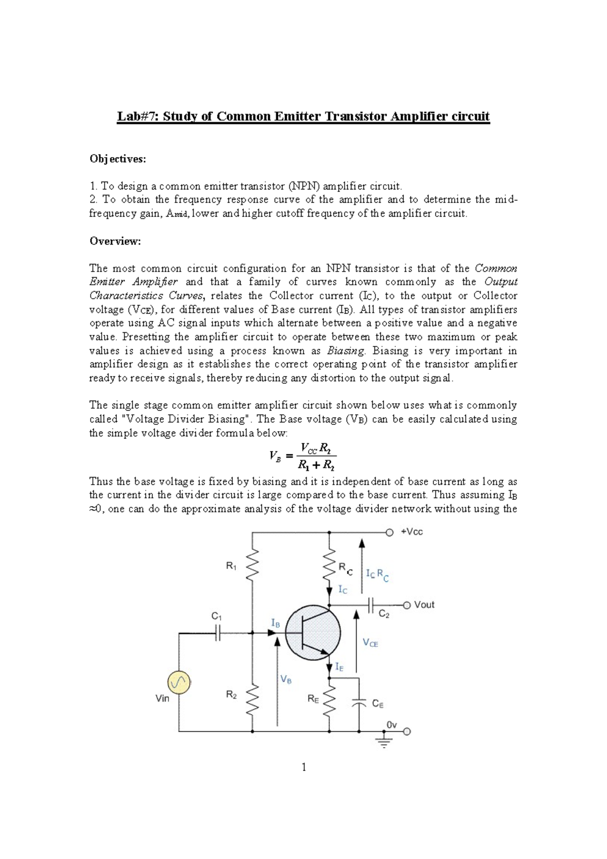 7-RC coupled transistor amplifier - Lab#7: Study of Common Emitter ...