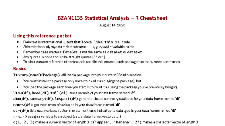 BZAN1135 Statistical Analysis R Cheatsheet - August 2025 - Studocu