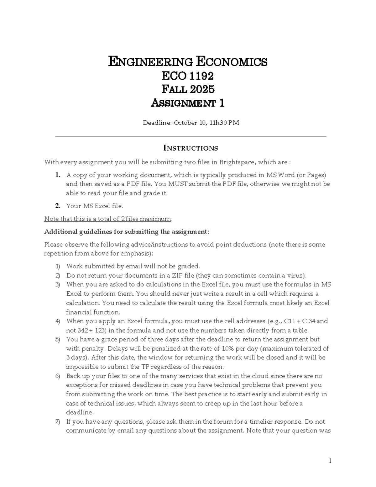 Asgmt 1 Guidelines for ECO 1192 - Engineering Economics Fall 2025 - Studocu