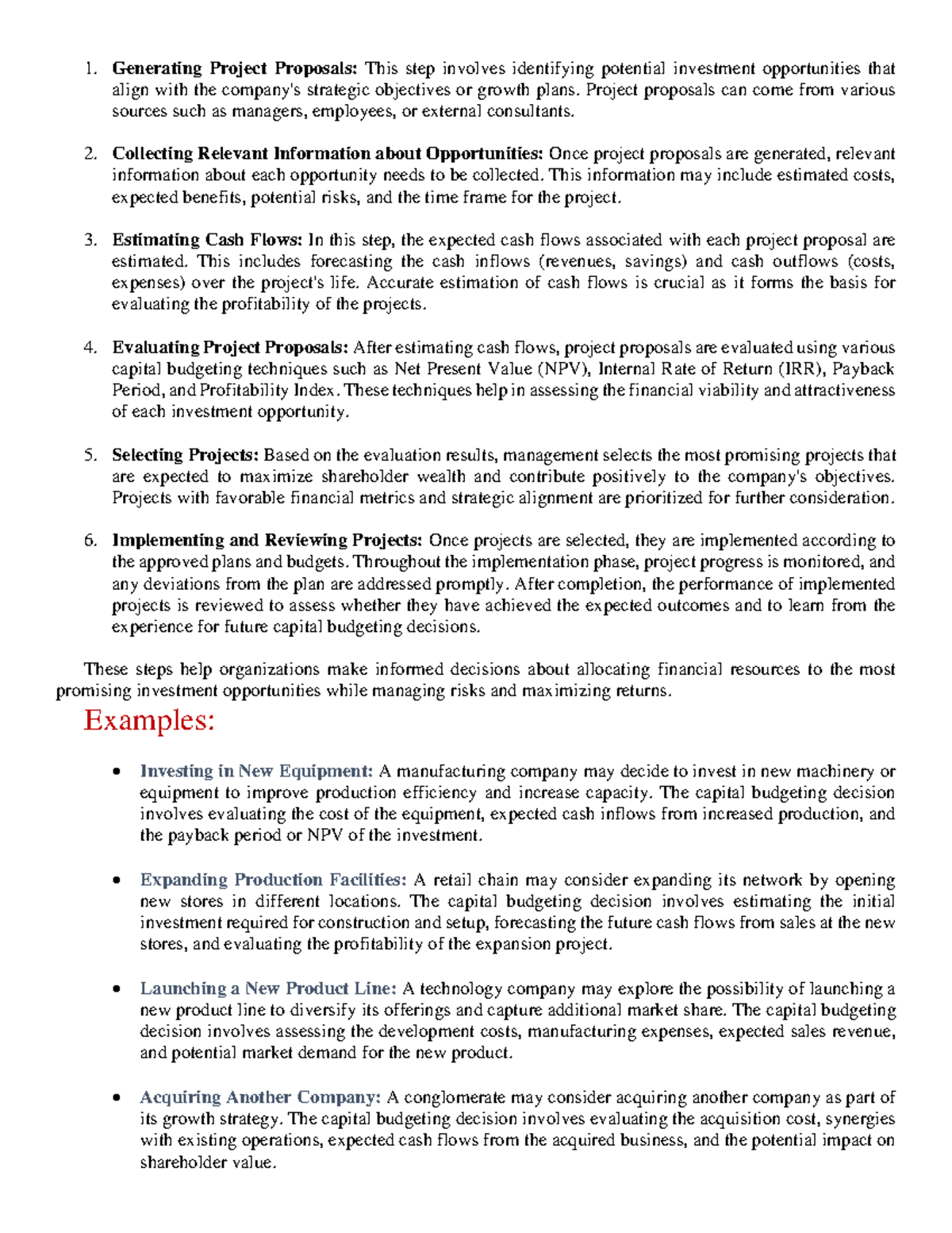 Capital Budgeting - Generating Project Proposals: This step involves ...