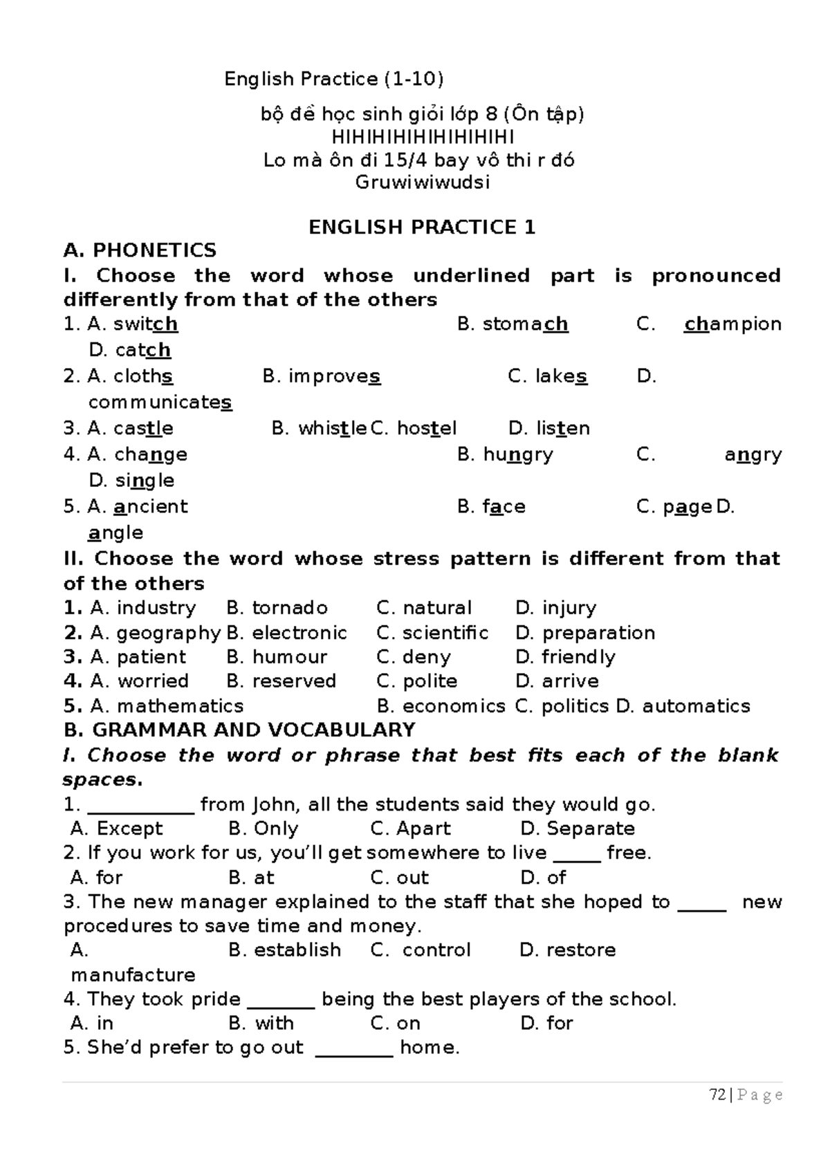 English Practice for Grade 8 - Advanced Exercises and Review - Studocu