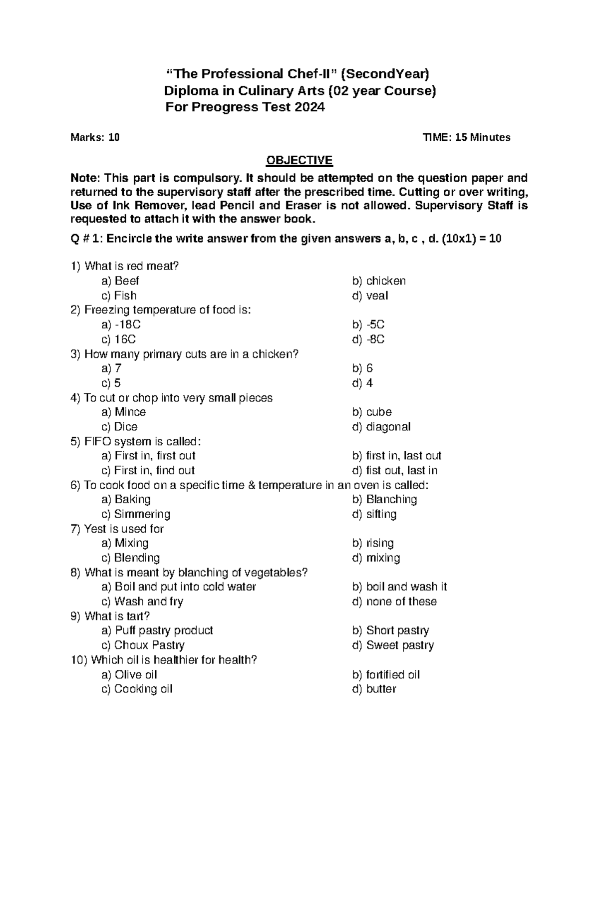 The Professional Chef-I - OBJECTIVE Note: This part is compulsory. It ...