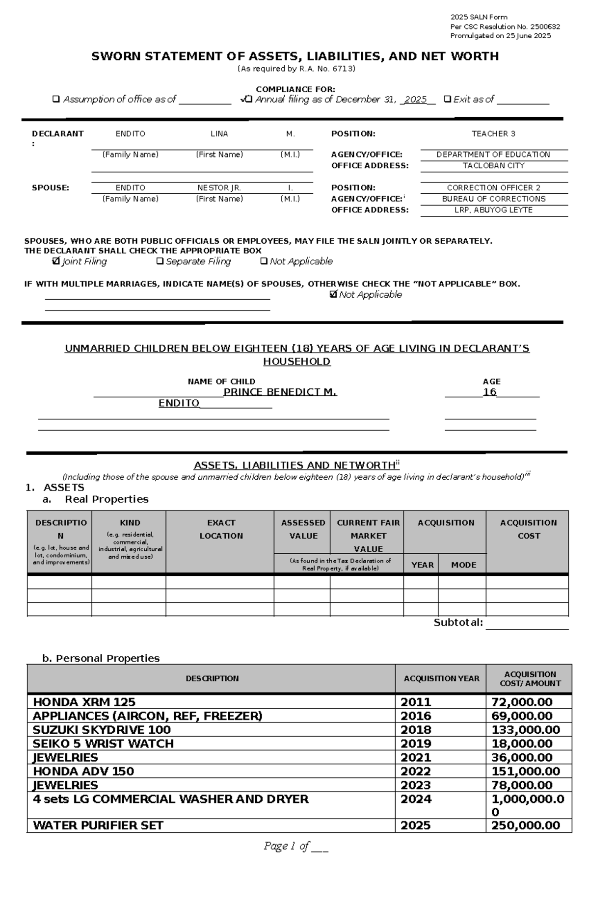 2025 SALN Form Compliance as per CSC Resolution No. 2500632 - Studocu