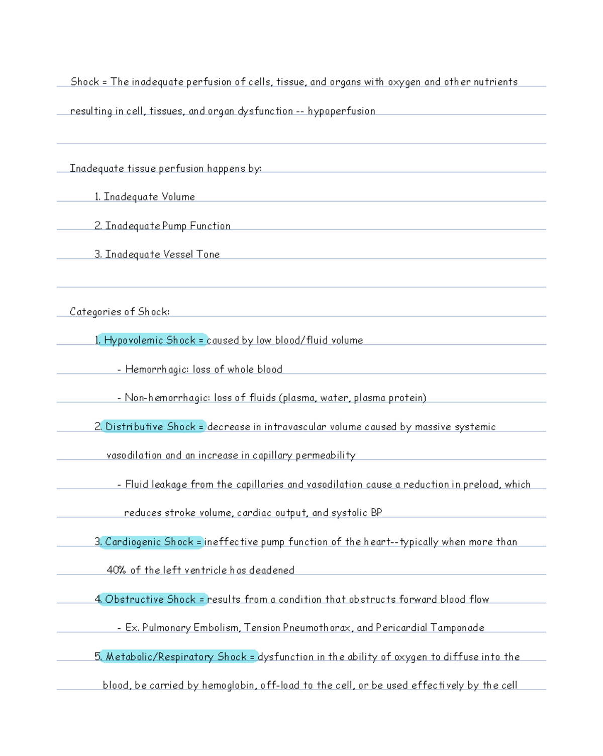 Shock Notes - EMT-B: Understanding Types and Assessment of Shock - Studocu