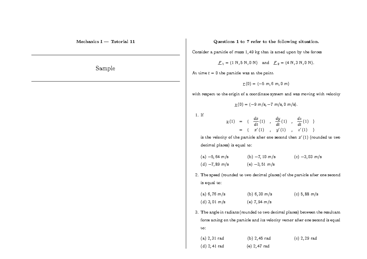 Mechanics I Tutorial 11: Particle Motion and Forces Analysis - Studocu