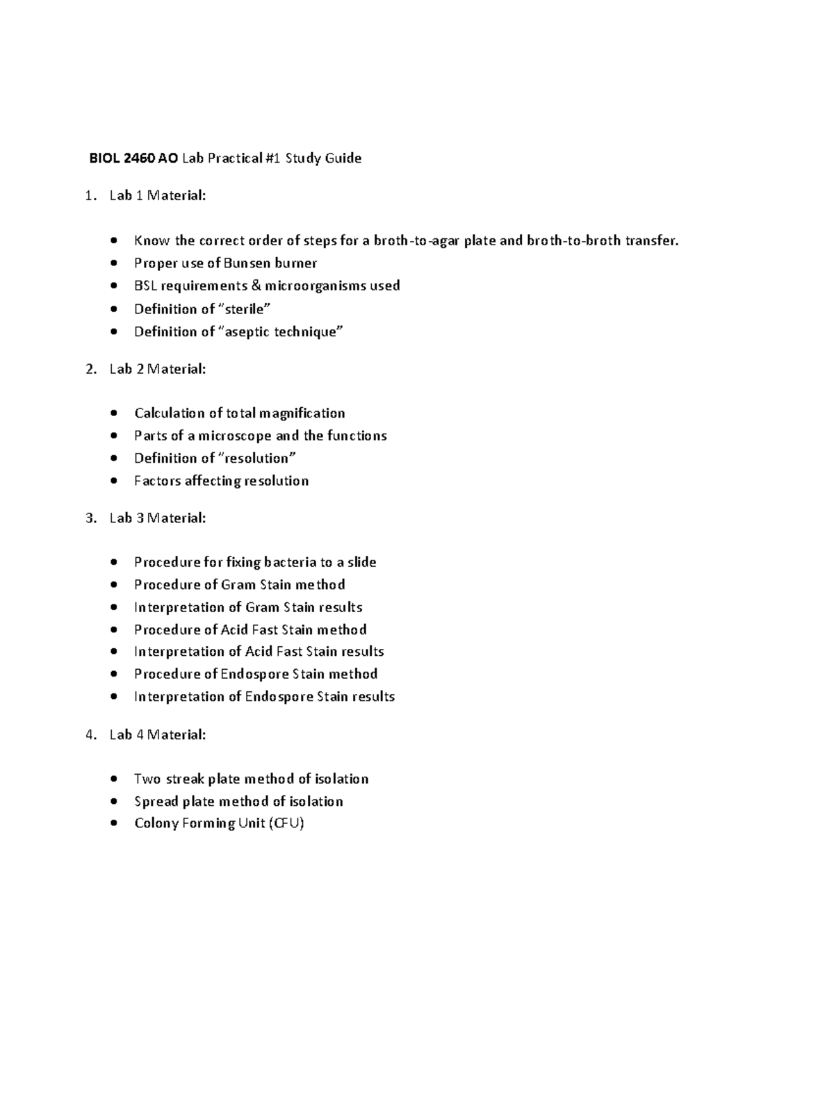 BIOL 2460 AO Lab Practical #1 Study Guide: Key Concepts - Studocu