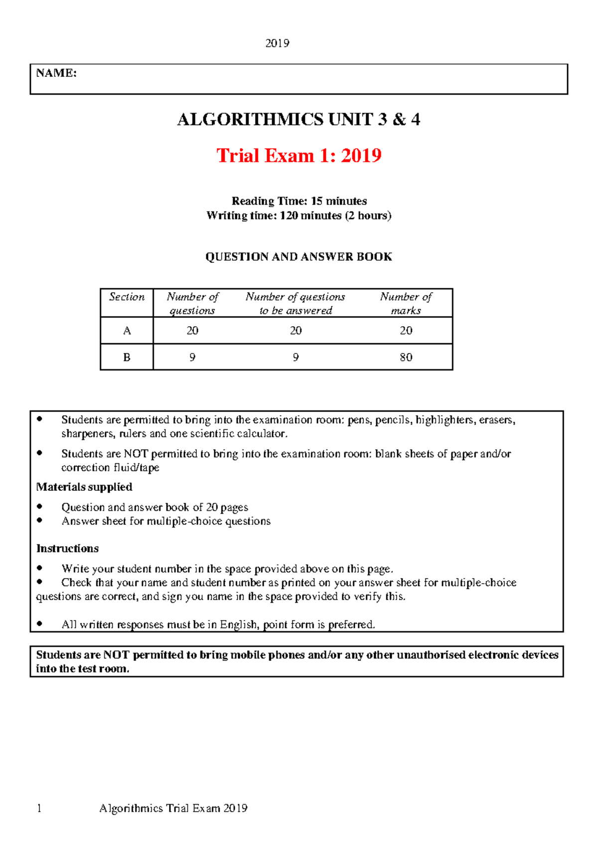 Algorithmics Trial Exam 2019: Unit 3 & 4 Comprehensive Review - Studocu