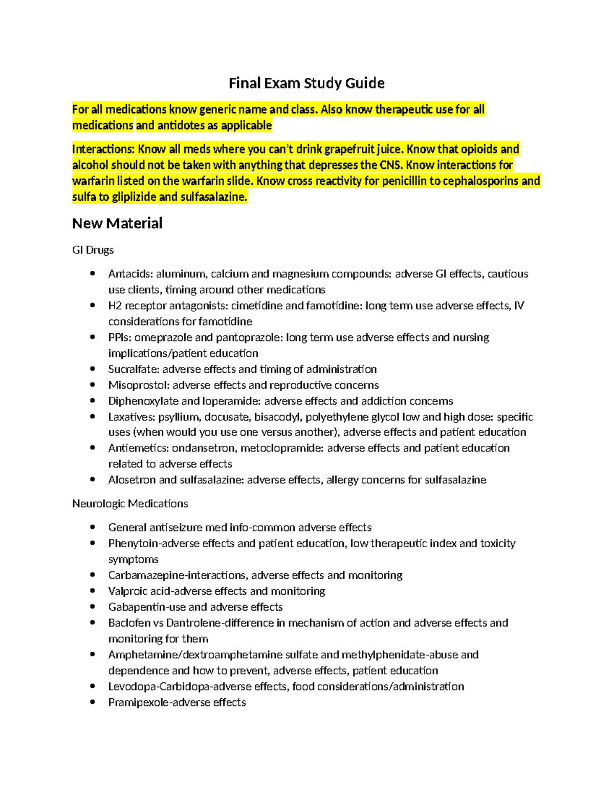 Final Exam Study Guide for Pharmacology: Medications & Interactions ...