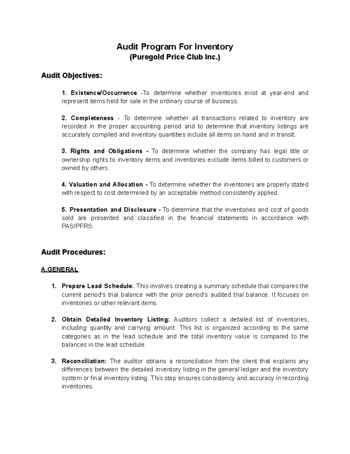 Audit Program for Inventory - Puregold Price Club Inc. Analysis - Studocu