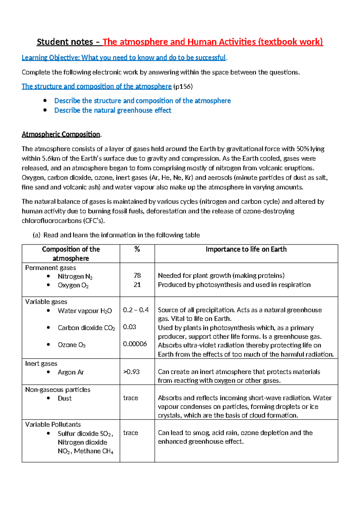 Student Notes: The Atmosphere & Human Activities (Course Code: ENV101 ...