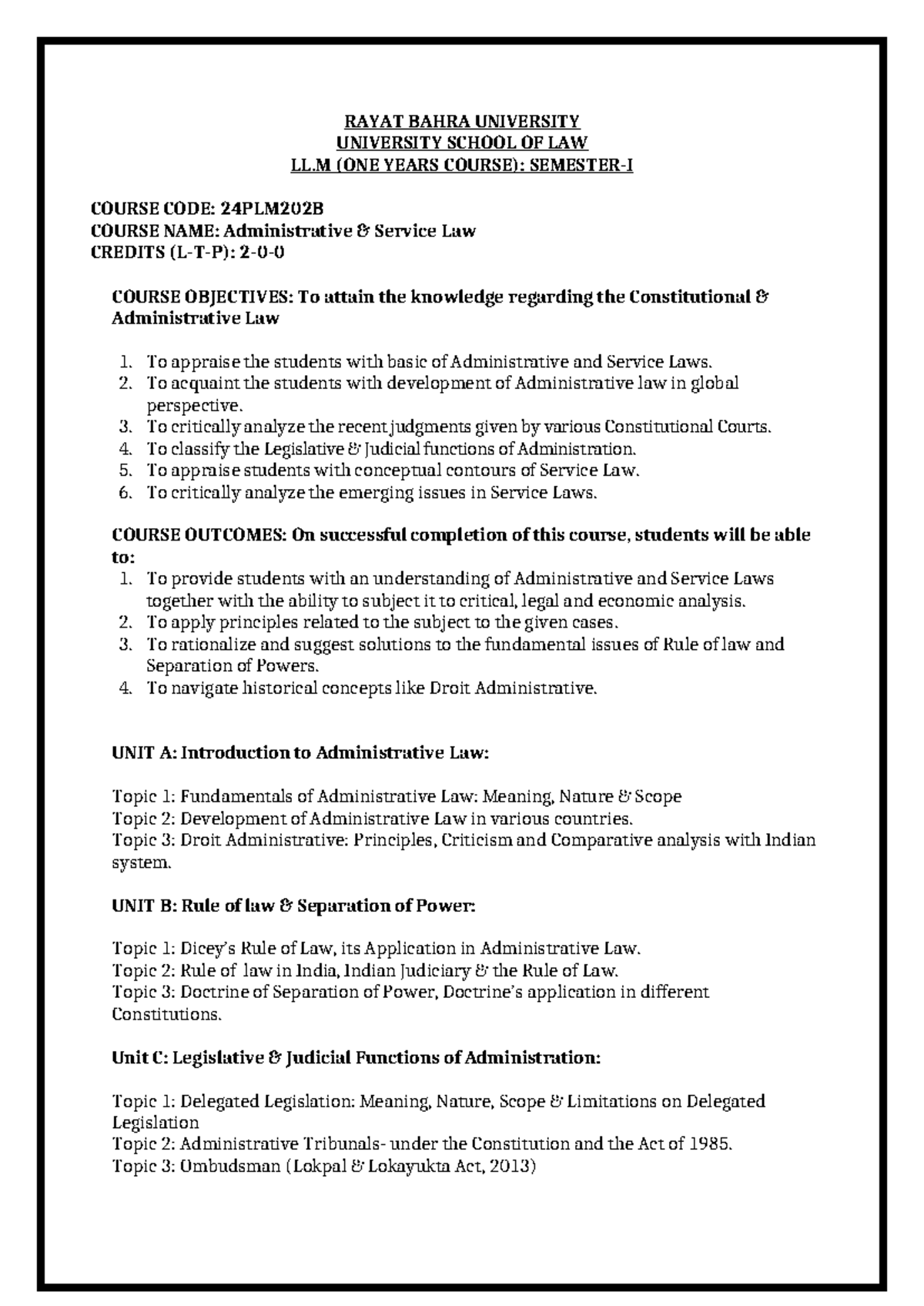 Administrative & Service Law LL.M Course 24PLM202B Overview - Studocu