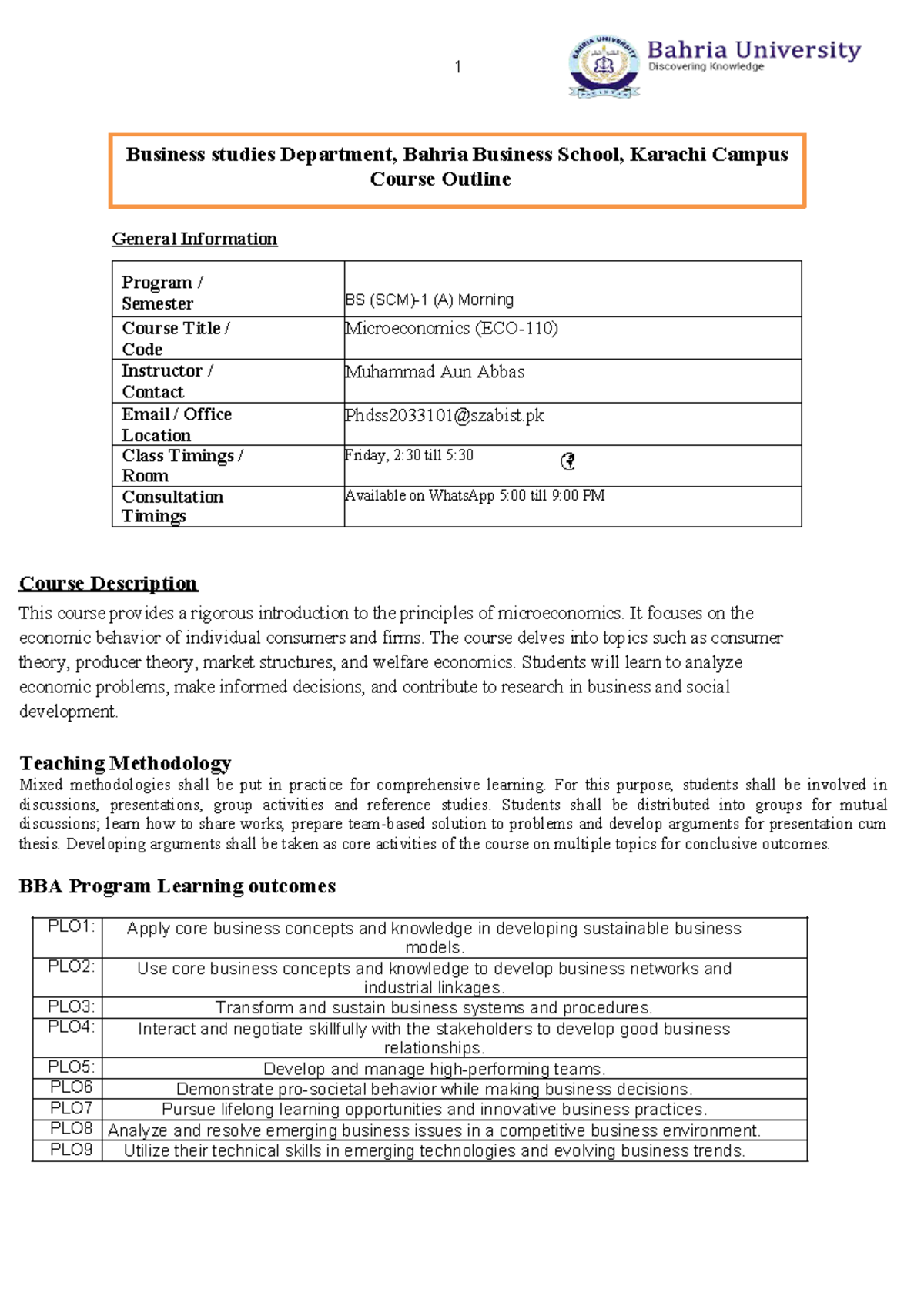 Microeconomics Course Outline & Learning Outcomes (BBA 101) - Studocu