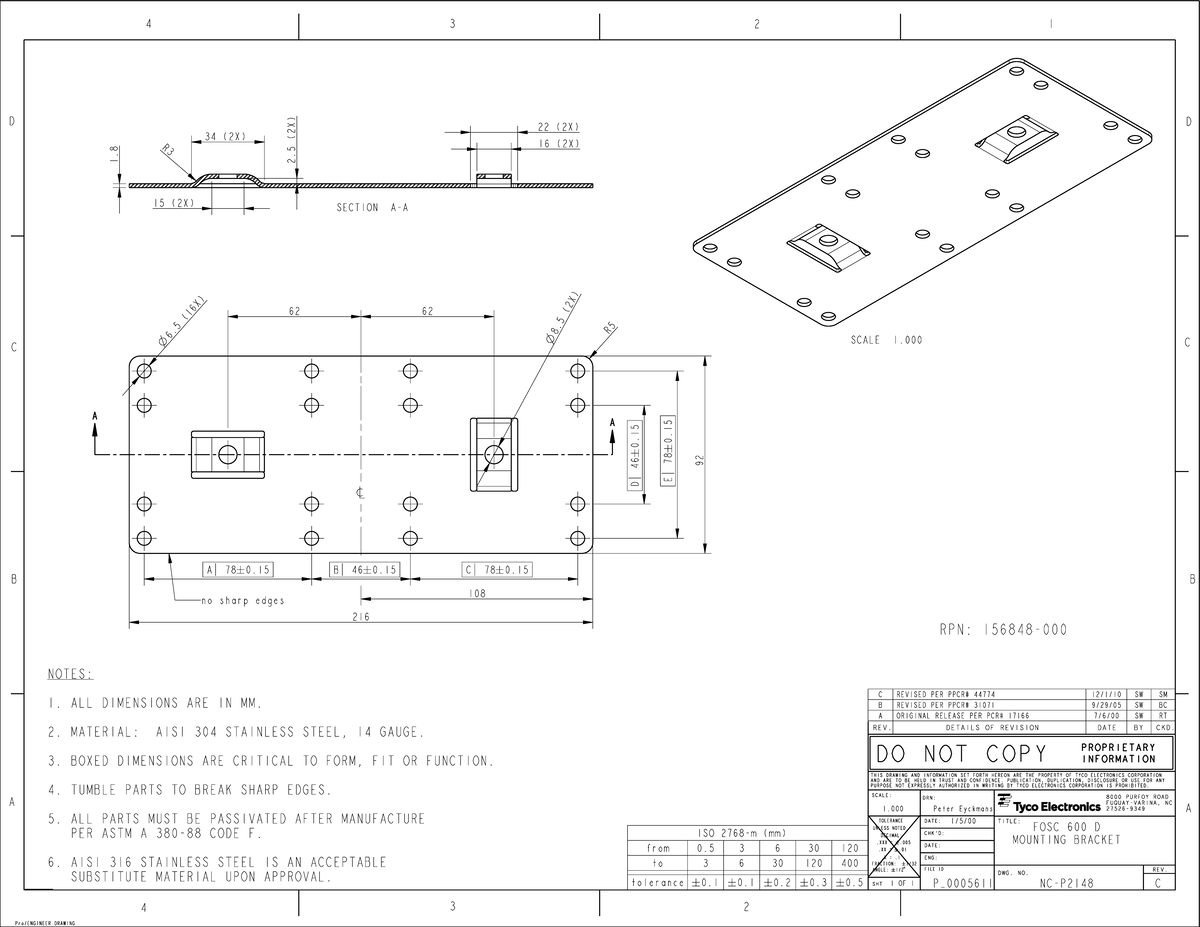 Engineering Drawing: Mounting Bracket Specifications (ENG PD NC-P2148 C ...