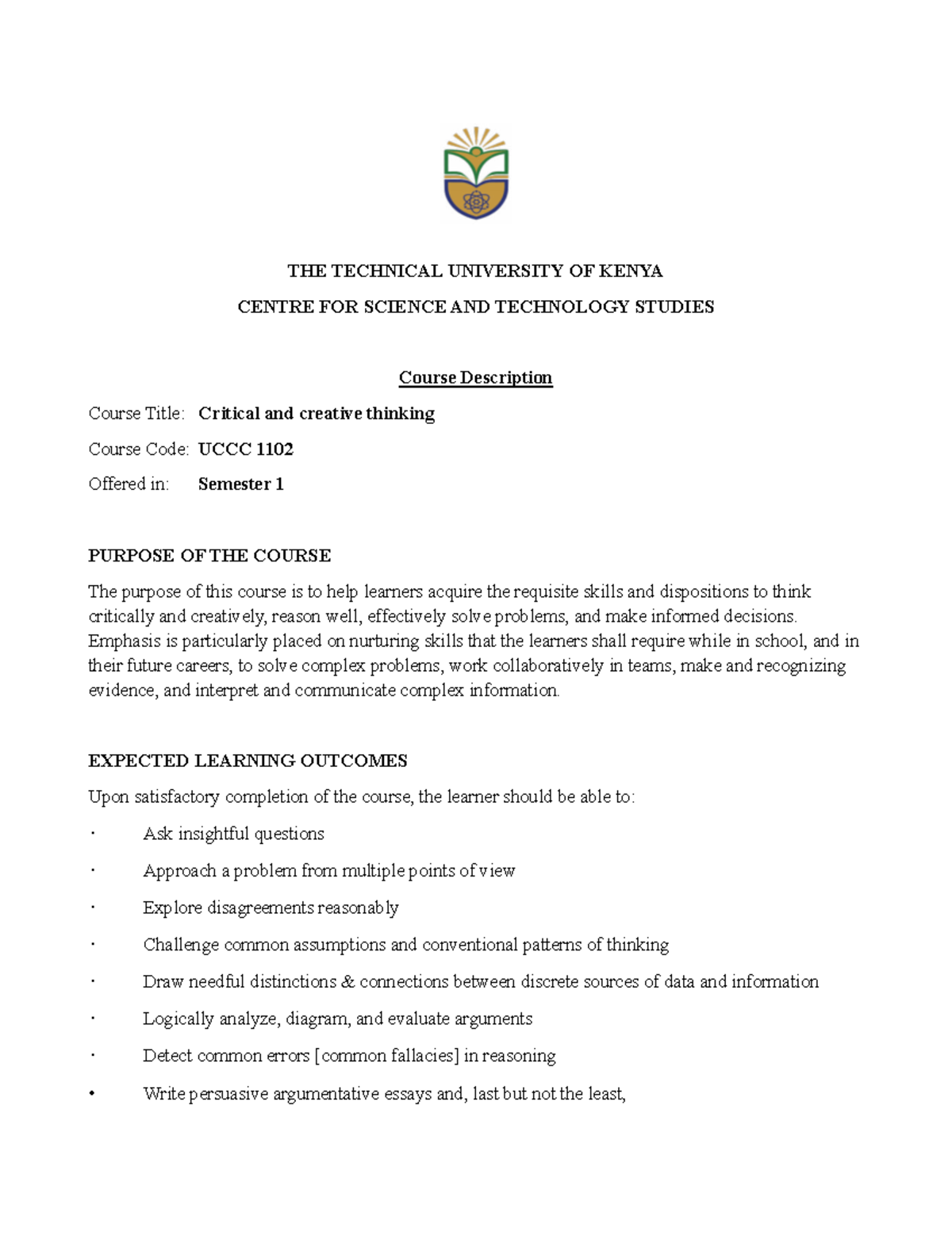 Critical and Creative Thinking Course (1102) - Semester 1 Overview ...