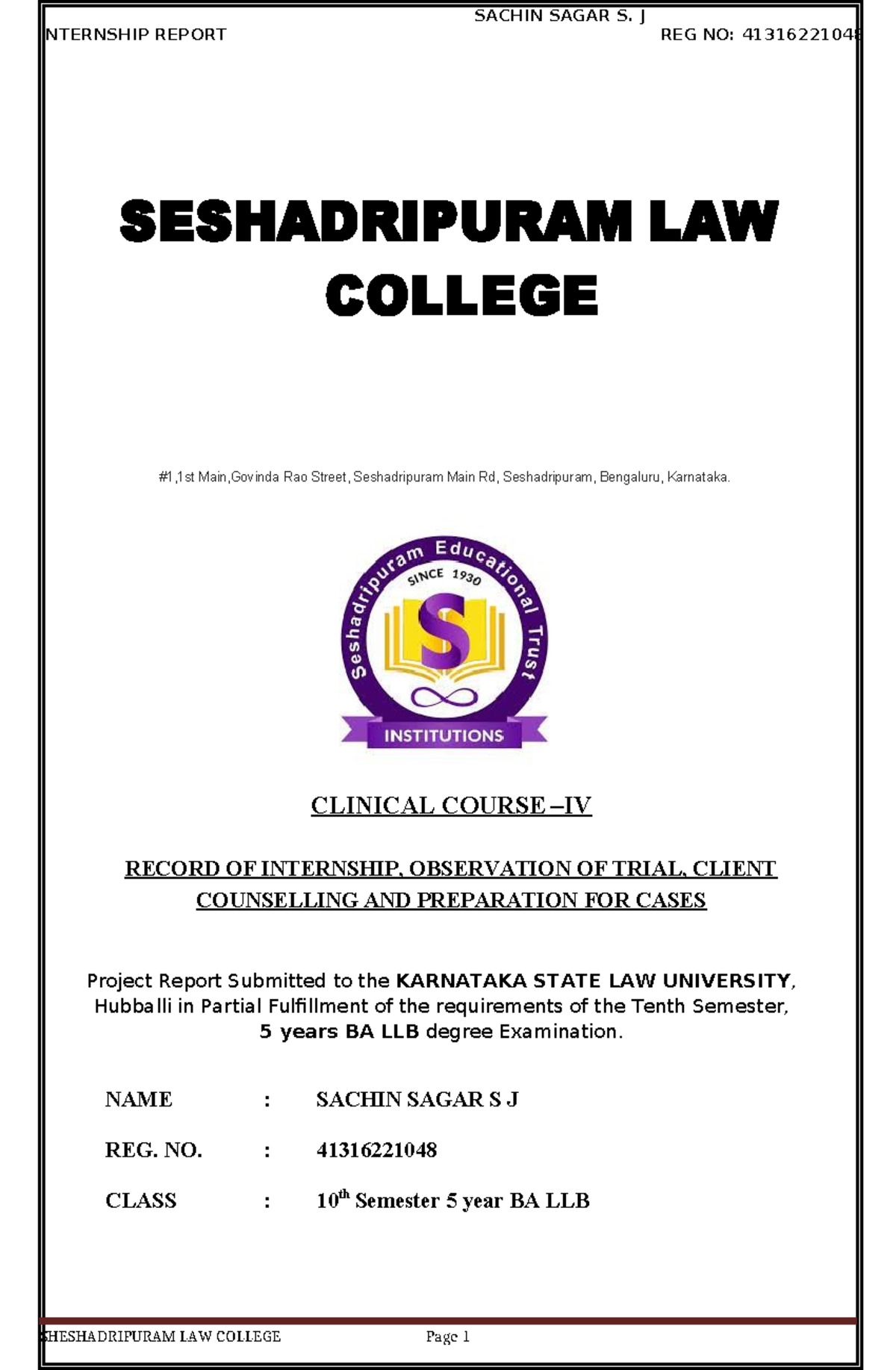 Internship Report: Clinical Experience in Law (BA LLB 10th Sem) - Studocu