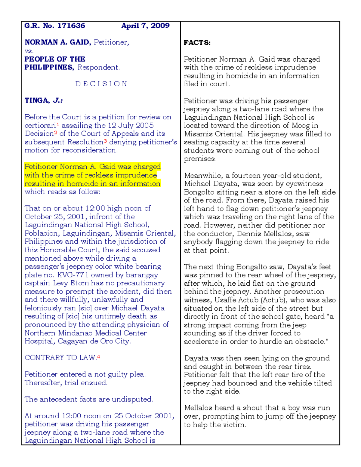 G.R. No. 171636: Decision on Reckless Imprudence Resulting in Homicide ...