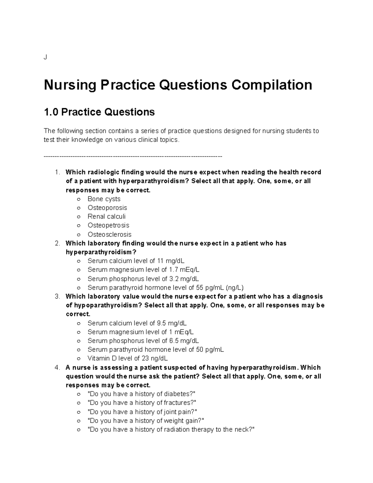 NUR 101 Final Exam Practice Questions Compilation 1.0 - Studocu