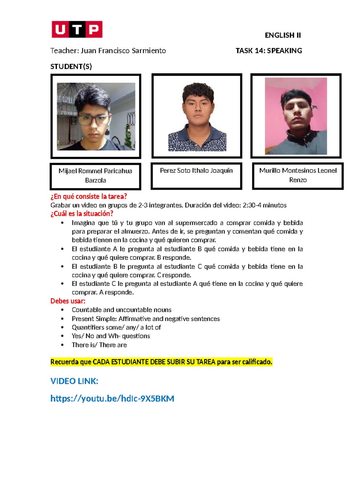 ENGLISH II - TASK 14: SPEAKING ASSIGNMENT (WEEK 14) - Studocu