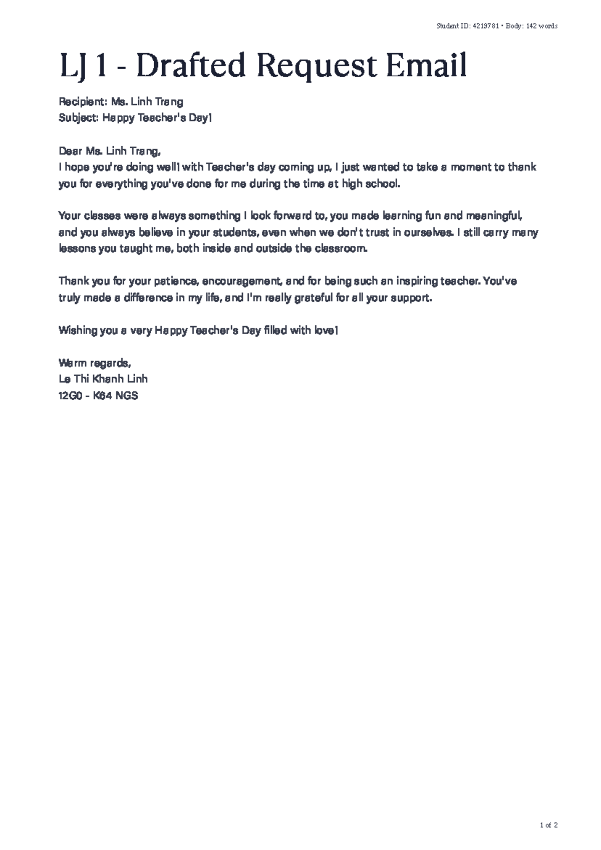 LJ 1 Drafted Request Email - Thank You Note to Ms. Linh Trang - Studocu