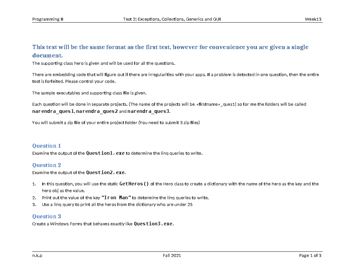 Programming II Test 2: Exceptions, Collections, Generics & GUI - Studocu