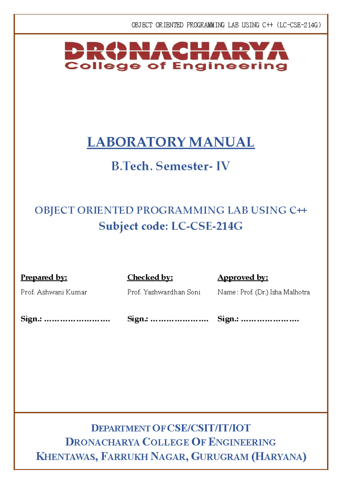 OOP Lab Manual: LC-CSE-214G - Object Oriented Programming Using C++ ...