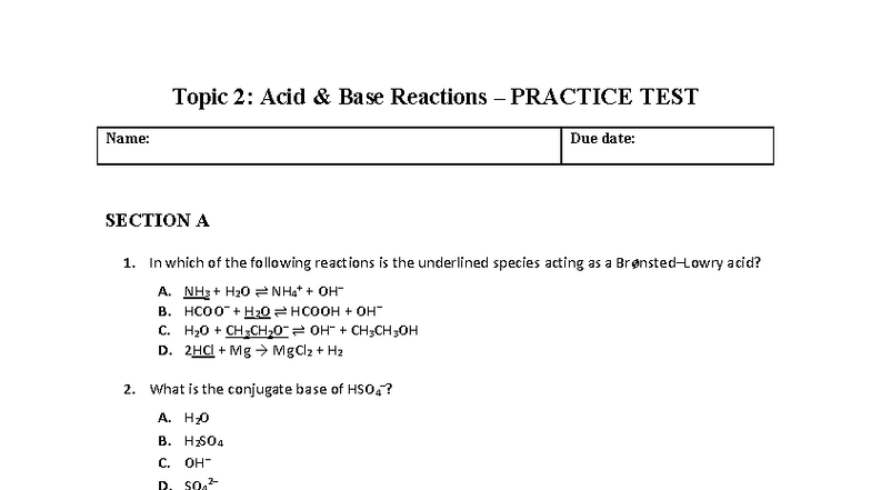 Topic 2 - Acid & Base Rxns - Practice TEST (For Review & Practice ...