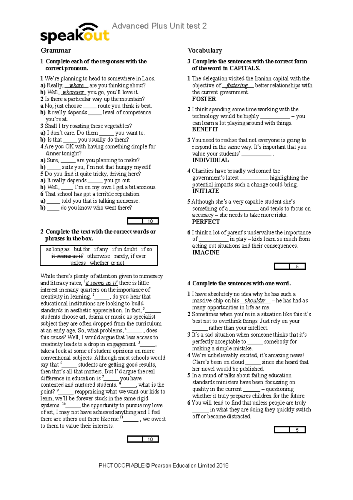 Unit Test 2 - Speakout Advanced Plus Review and Exercises - Studocu