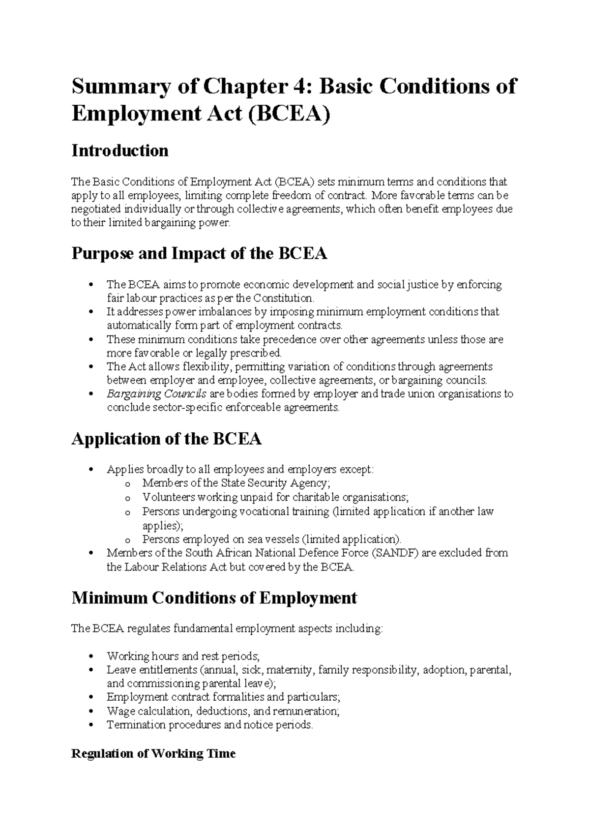 Summary of Chapter 4: Basic Conditions of Employment Act (BCEA) - Studocu