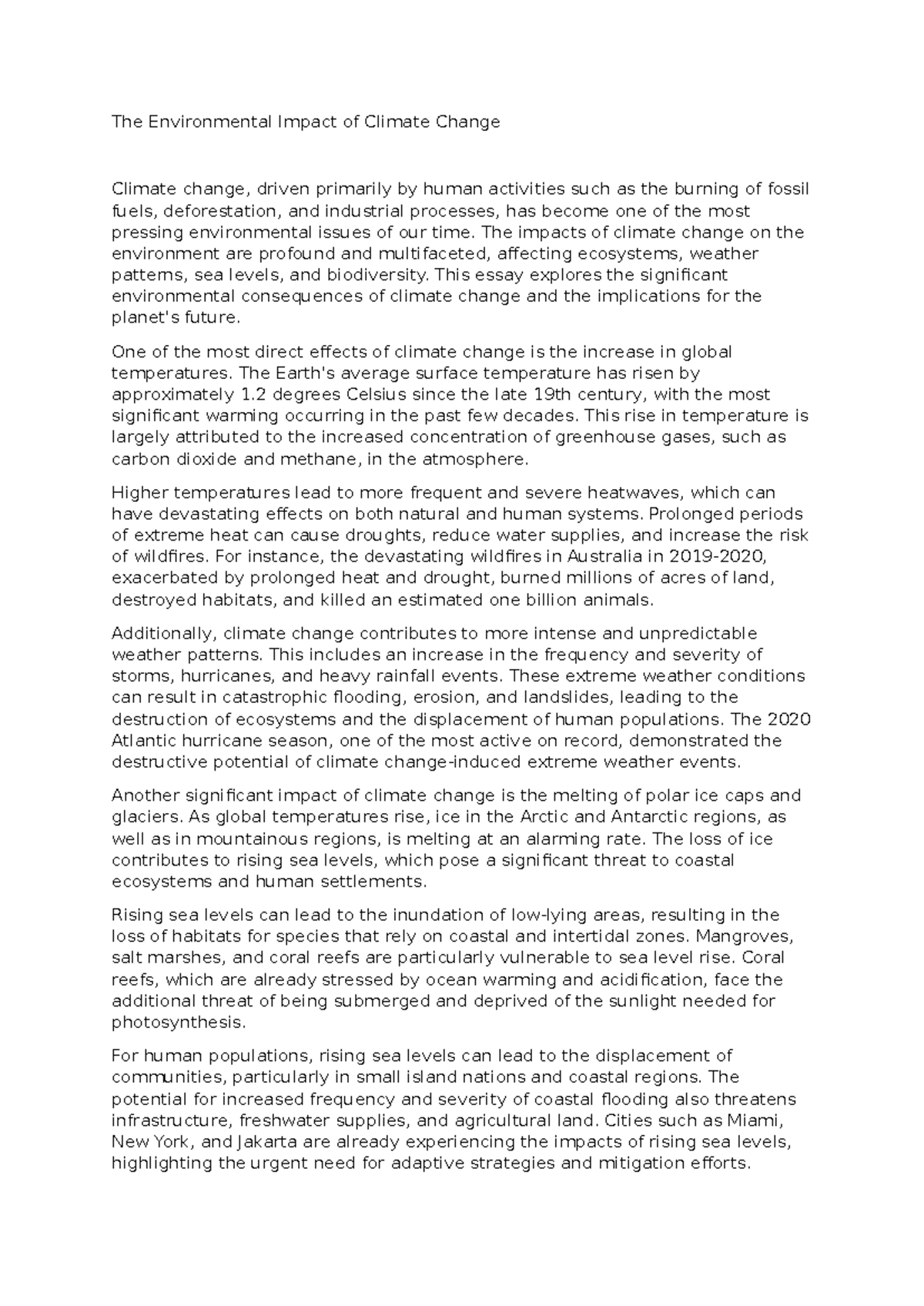 ENV 101 Essay: The Profound Environmental Impact of Climate Change ...
