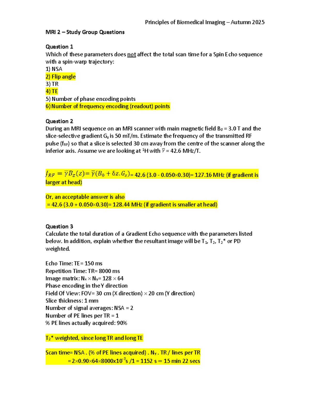 MRI 2 Study Group Questions & Answers - Principles of Biomedical ...