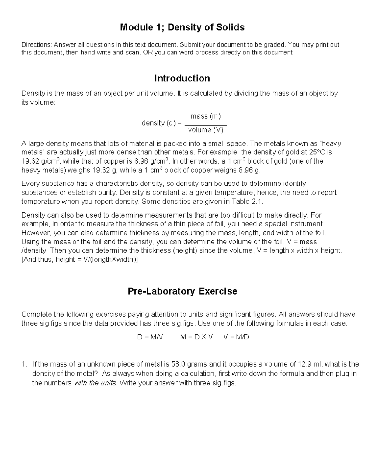 Module 1; Density of Solids. V2 - Module 1; Density of Solids ...