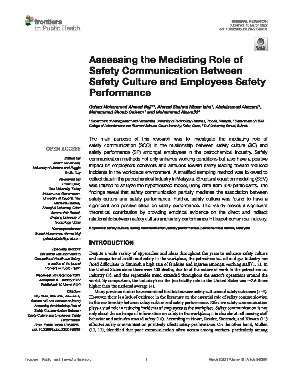 Assessing Safety Communication's Role in Safety Culture and Performance ...