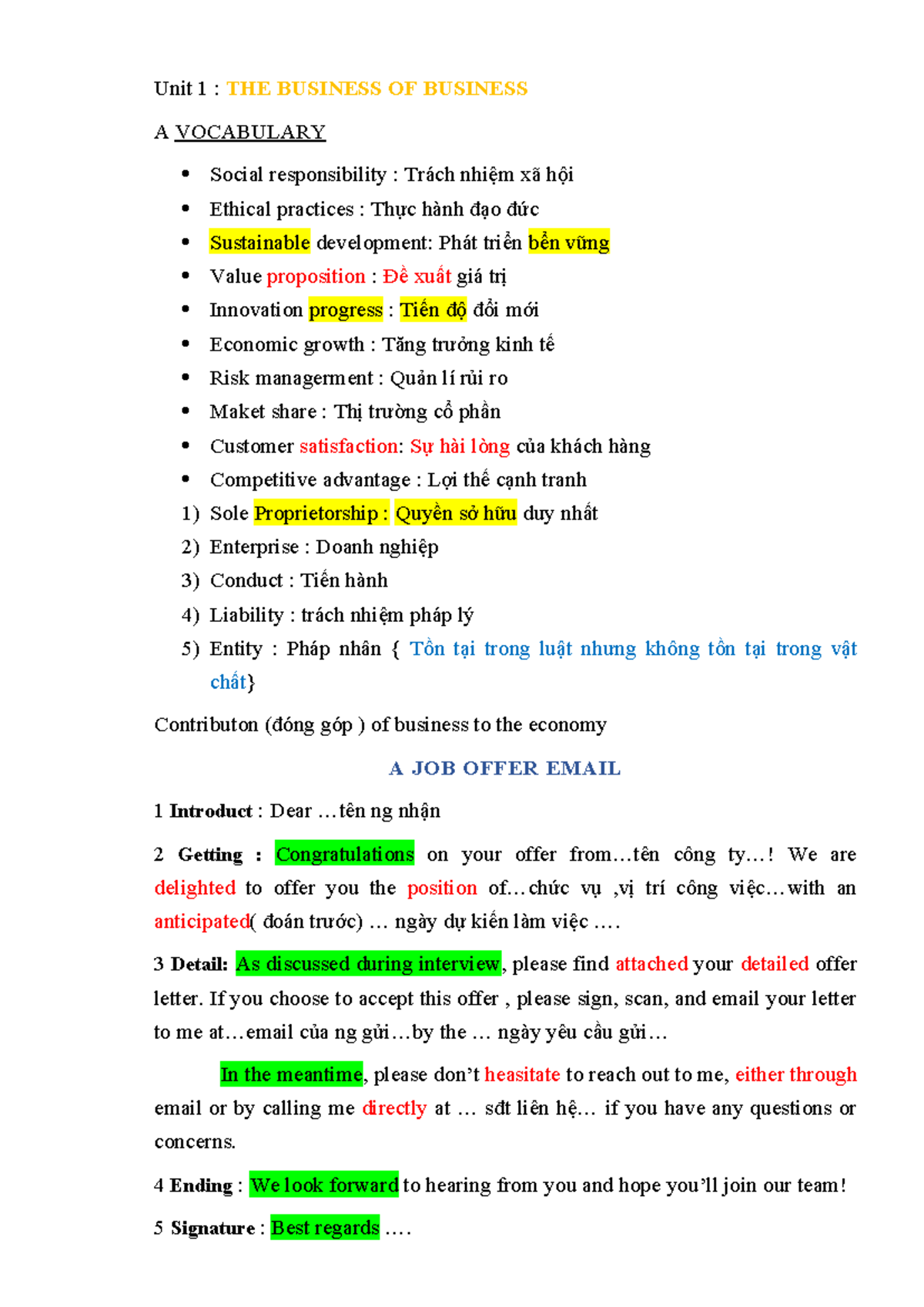Unit 1: The Business of Business - Key Concepts and Vocabulary - Studocu