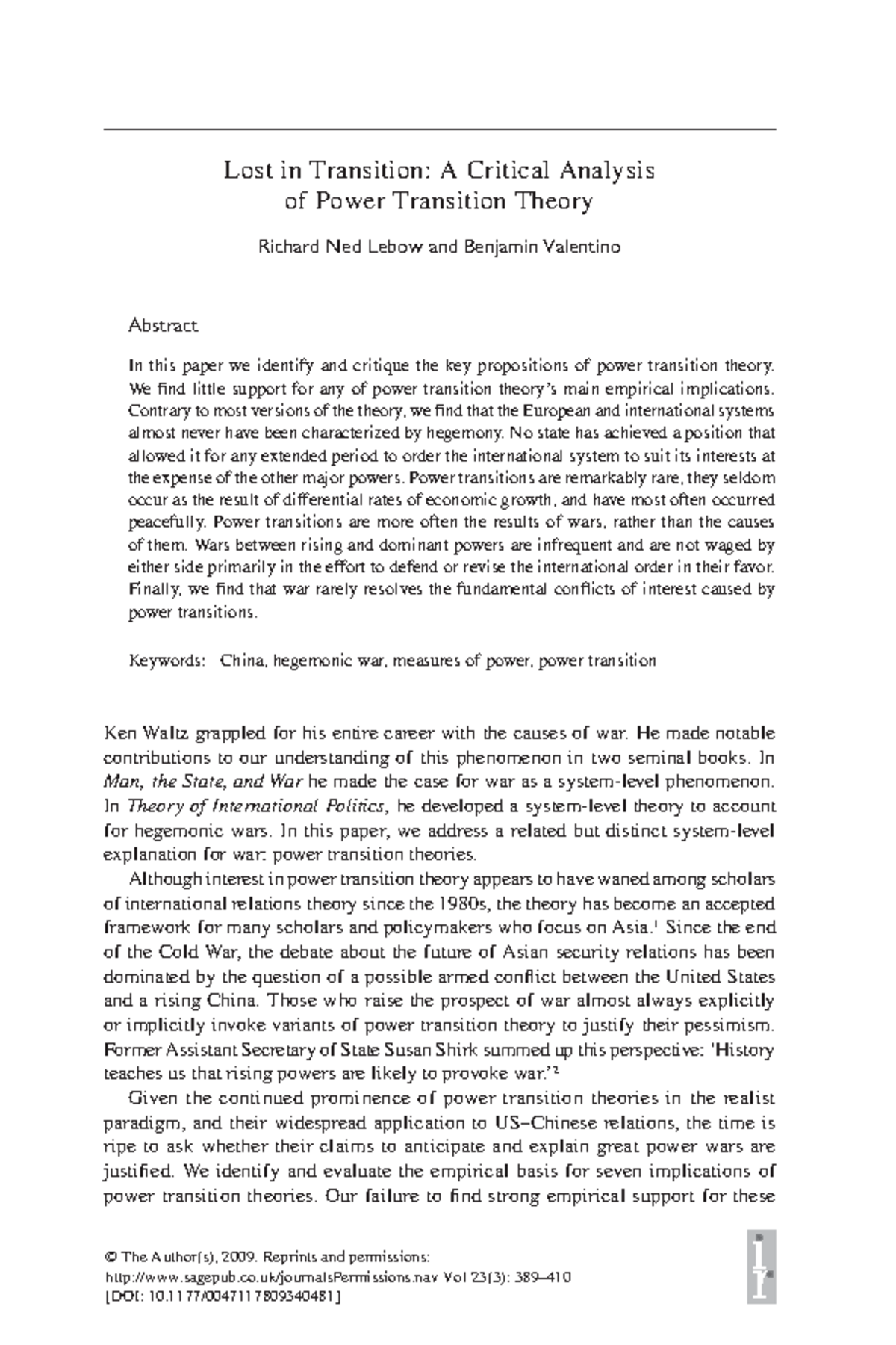 Power Transition Theory: A Critical Analysis of Its Empirical Claims ...