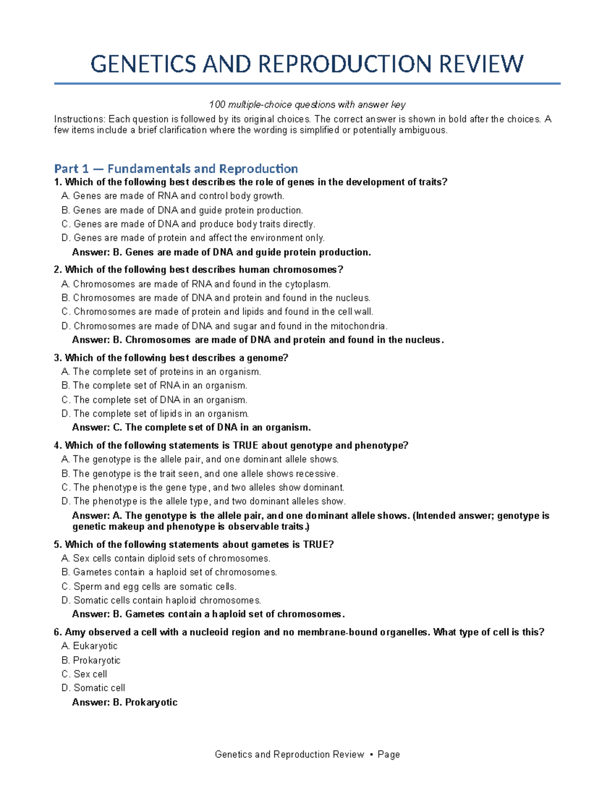 GEN 101: Genetics and Reproduction Review - 100 Q&A with Key - Studocu
