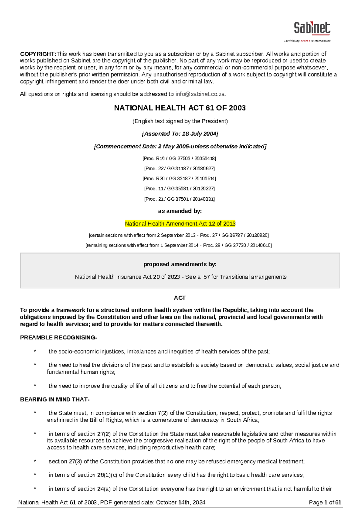 National Health Act 61 of 2003: Comprehensive Overview and Provisions ...