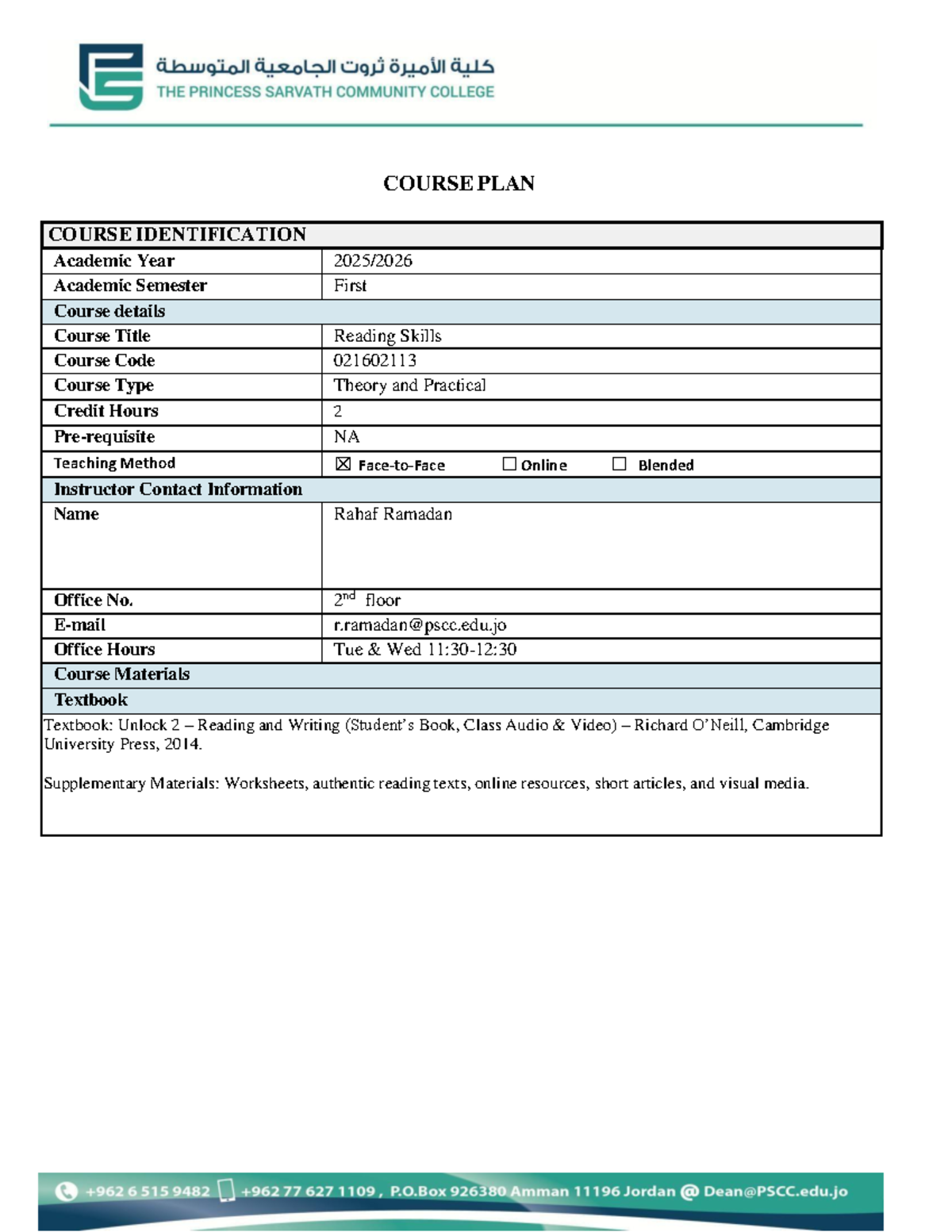 Reading Skills Course Plan - 021602113 Theory & Practical - Studocu