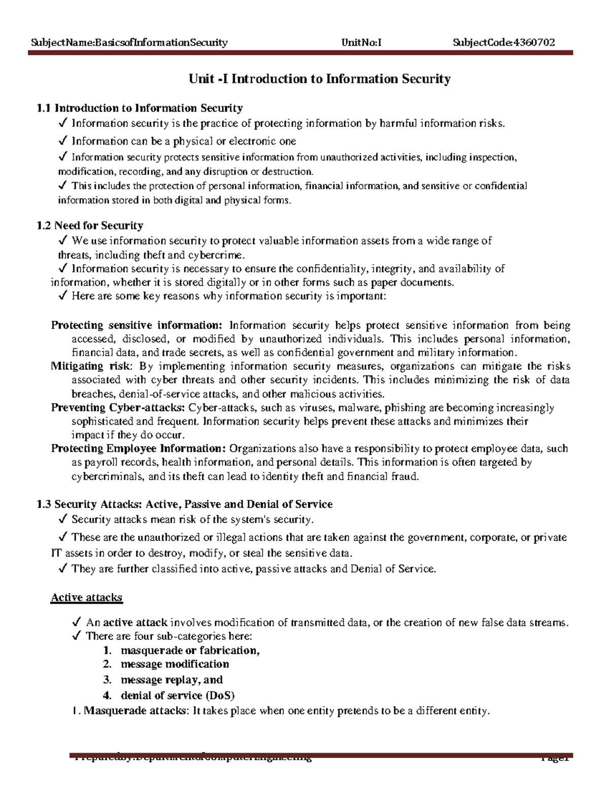 Unit 1: Introduction to Information Security (Subject Code: 4360702 ...