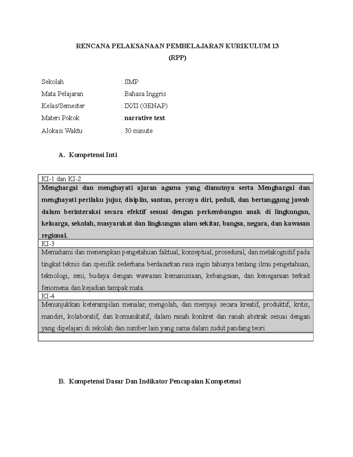 RPP Bahasa Inggris IX: Pembelajaran Teks Naratif dan Contohnya - Document Preview