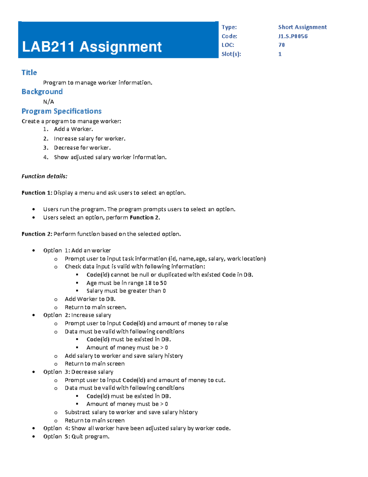 LAB 211 J1 - Program for Managing Worker Information Short Assignment ...
