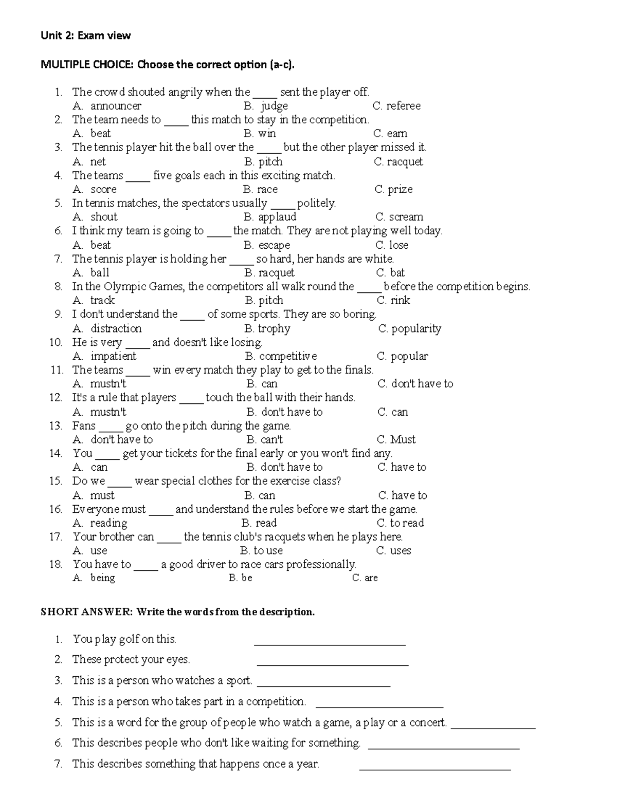 Unit 2 Exam Review: MCQs and Conversation Practice for ESL - Studocu