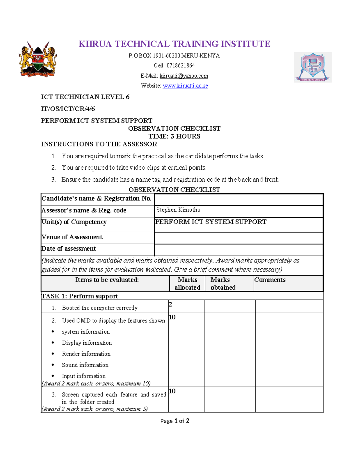 ICT Technician Level 6: Practical Assessment Checklist for System ...