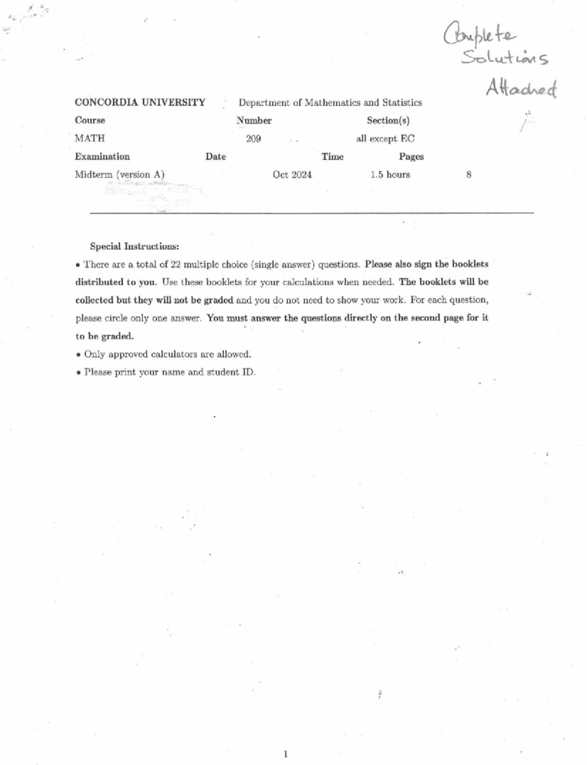 MATH 209 Midterm Exam Solutions - October 2024 (Version A) - Studocu