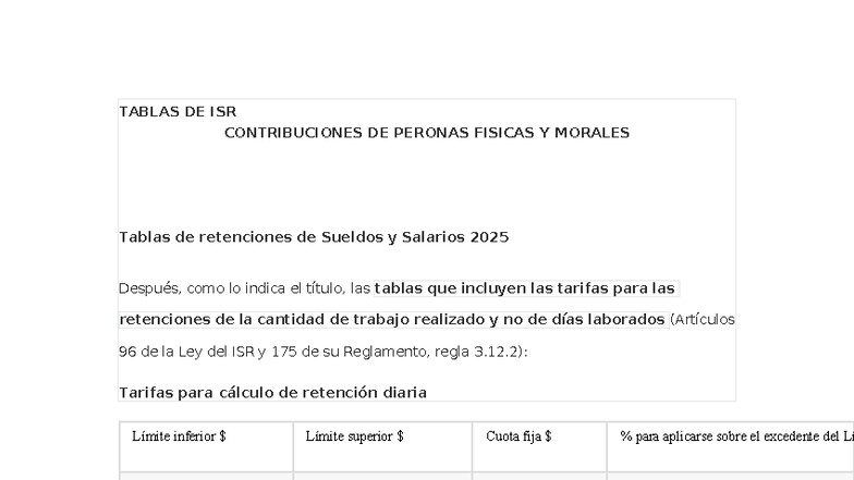 Tablas de ISR 2025 para Contribuciones de Personas Físicas y Morales ...